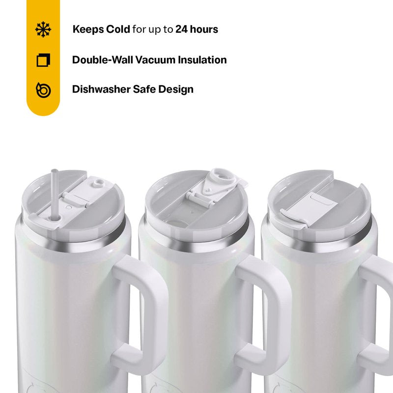 64 oz Ceramic Lined Road Trip Tumbler with Handle & Leak-Resistant Straw Lid - White Glitter