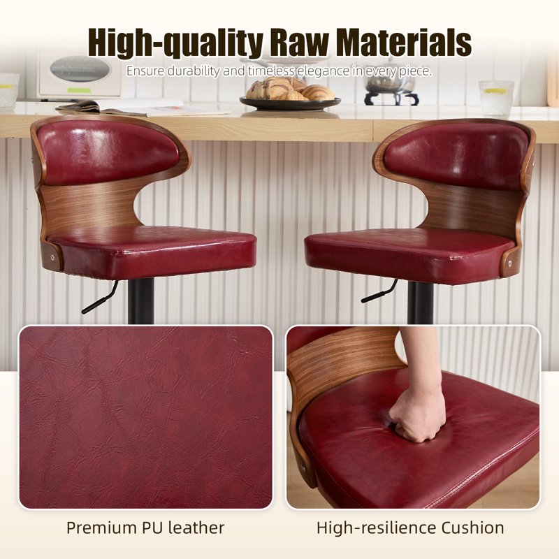 Swivel Bar Stools Set of 2 - Wooden Kitchen Chairs with Back, Wine Red