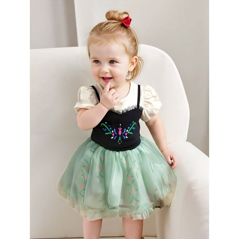 Baby Girl Princess Dress with Headband Set - Black Beige Stitching 12-18 Months