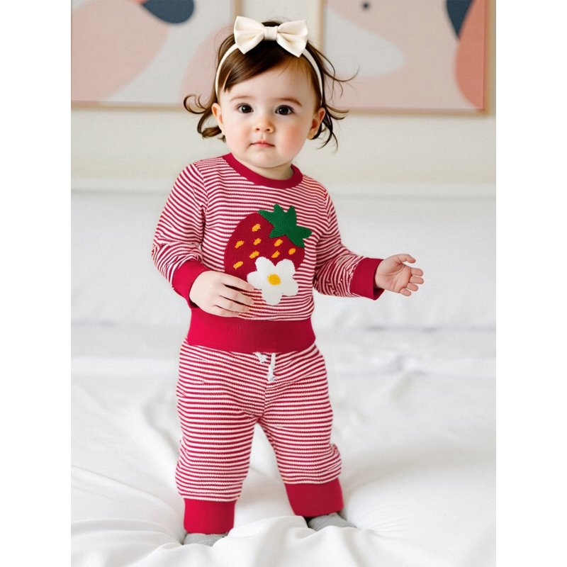 Toddler Girls Autumn Pants Outfit Set - Strawberry Embroidery, Long Sleeve Tops & Striped Pants, Style 1, 6-12 Months
