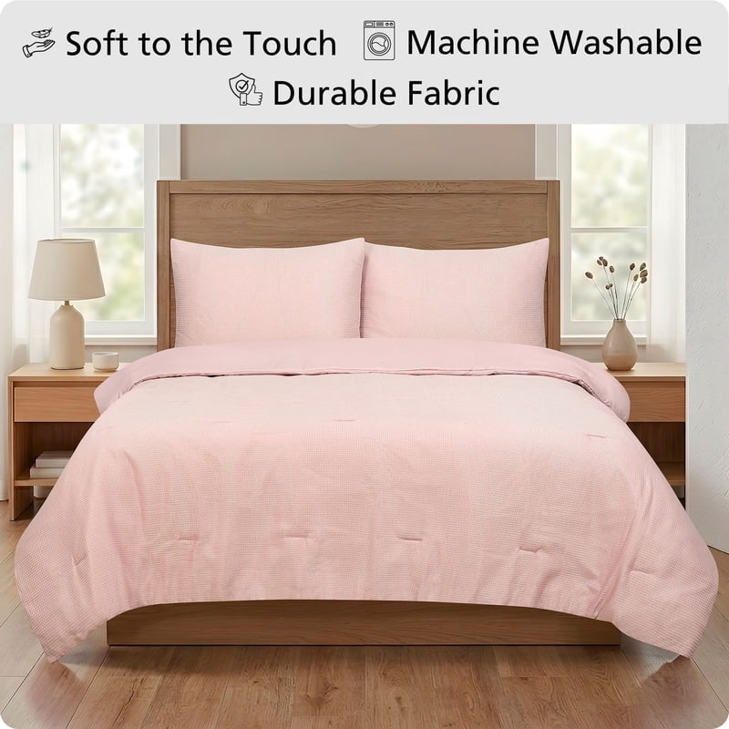 King Waffle Comforter Set with Matching Shams - Pink Dusk