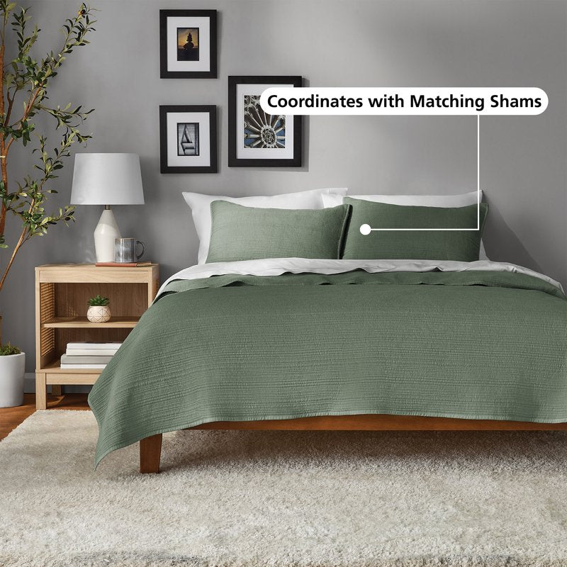 Full/Queen Garment Washed Stripe Quilt - Green Microfiber Bedding