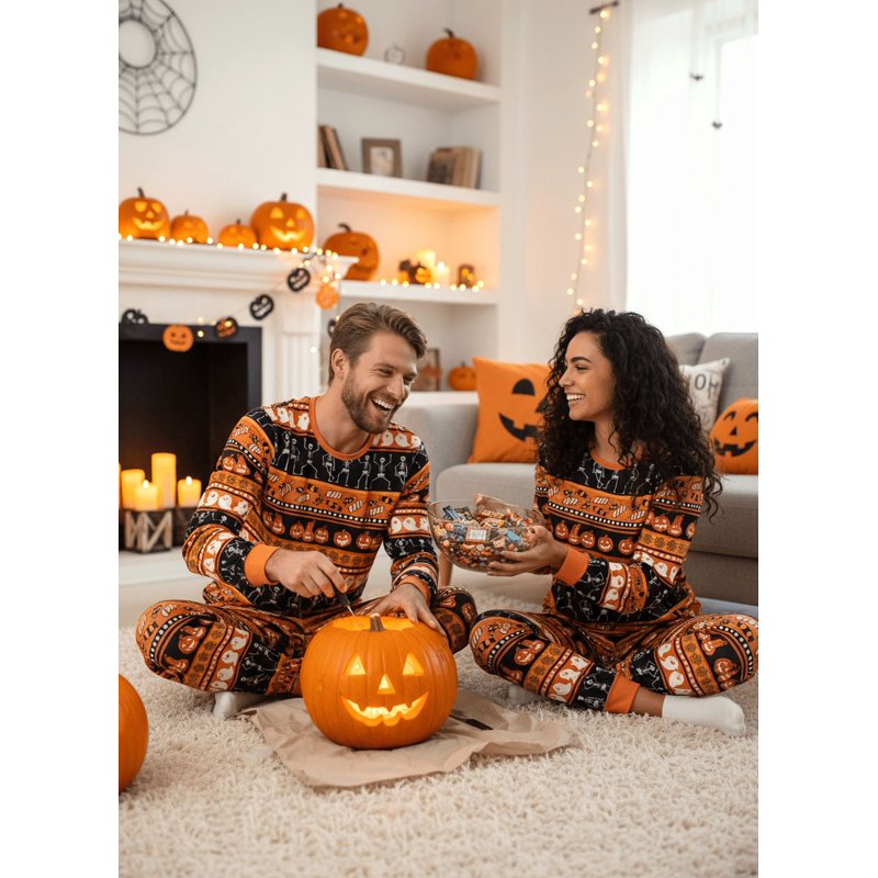 Halloween Pajamas for Women Family Matching Ghost Pumpkin 2-Piece Set M - Black