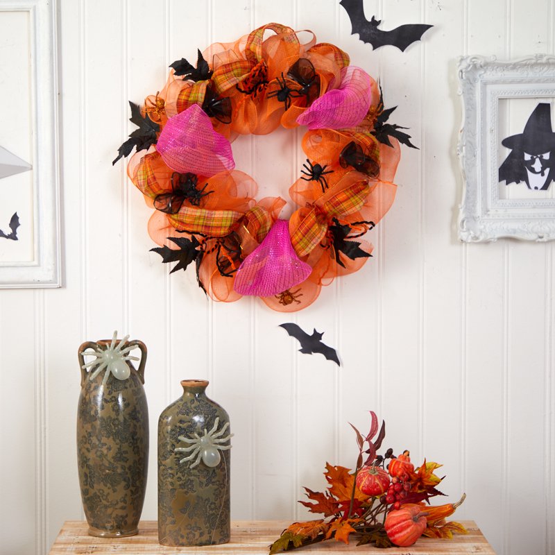 Halloween Spider Mesh Wreath - 26 Inch Orange Decor for Door or Wall