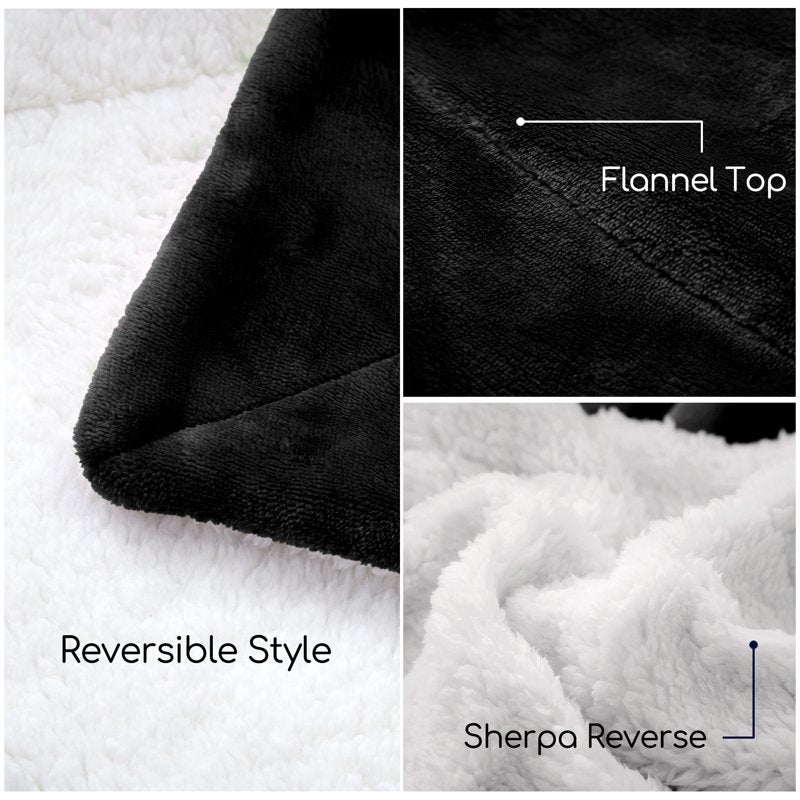 Sherpa Fleece Throw Blanket - Soft Warm Plush Bed Sofa Couch Cover - Black Variation