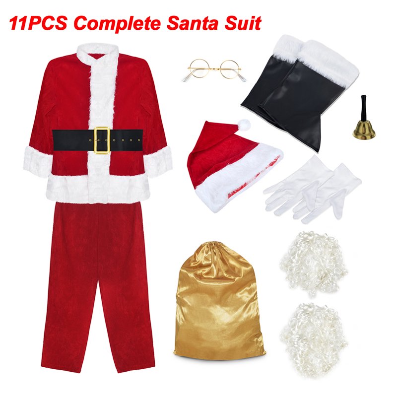 Men's Deluxe Santa Costume Set 11pcs XXL Velvet Christmas Suit - Red