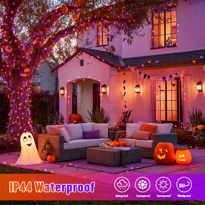 Outdoor Solar String Lights 66FT 200 LED Waterproof Xmas Decor - Orange & Purple