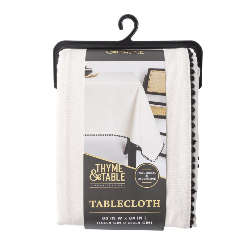 84" Ivory Tablecloth with Black Pom Pom Trim - Single