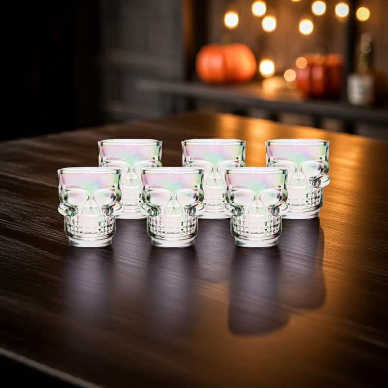 Luster Finish Skull Shot Glasses Set of 6 - 1.75oz Gothic Glassware