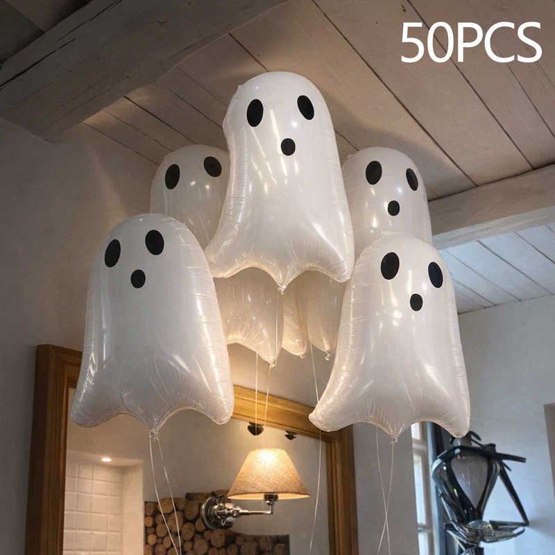 Halloween Ghost Balloons Set of 50 - White Latex Party Decorations for Spooky Celebrations