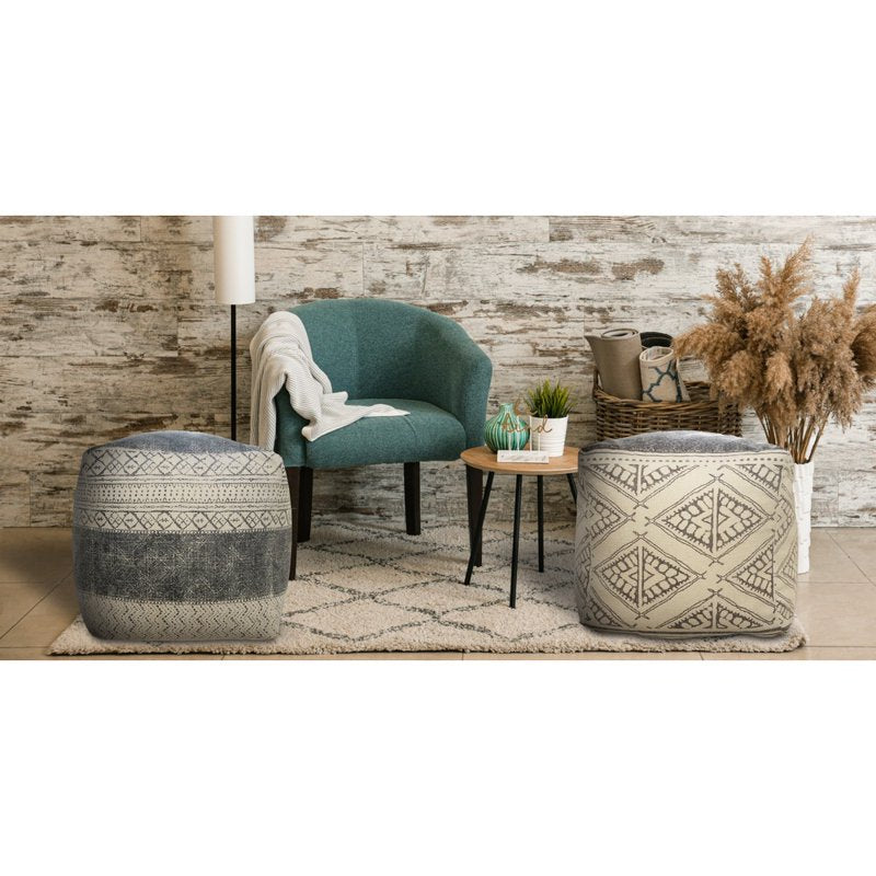 Gray/Beige Medium Tribal Indoor Square Pouf 20x20 Inch - Handcrafted Geometric Footstool