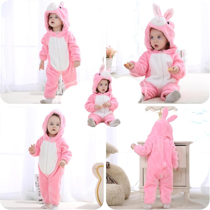 Pink Rabbit Baby Animal Costume Romper - 6-12 Months Winter Toddler Jumpsuit