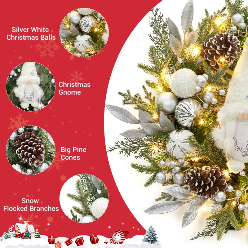 22-Inch Pre-Lit Christmas Gnome Wreath with Silver White Balls and 30 LED Lights - Indoor Outdoor Decor