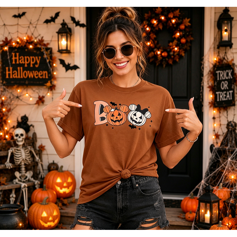 Women's Halloween Pumpkin Graphic T-Shirt - Brown XL Casual Fall Top