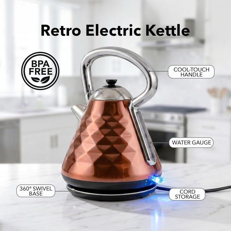 Retro Stainless Steel Electric Tea Kettle - Copper 1.7L