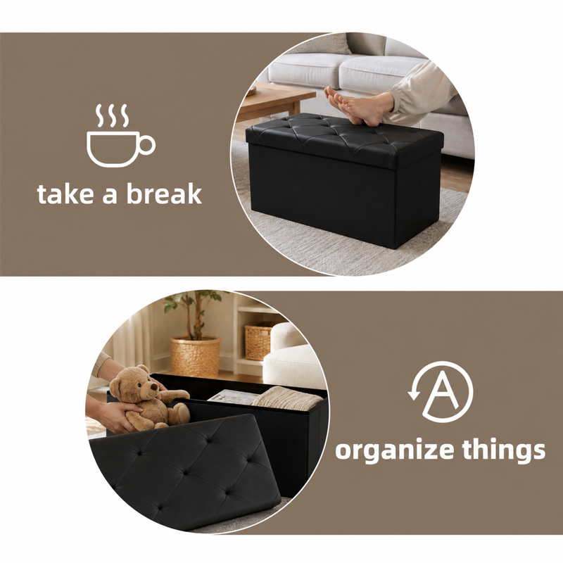 Folding Storage Ottoman Bench with Memory Foam Seat - Black