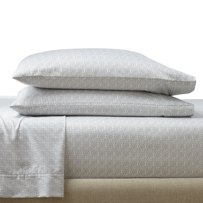 Twin Cotton Sateen Sheet Set with Wrinkle-Resistant Finish - Suzani Soft Silver