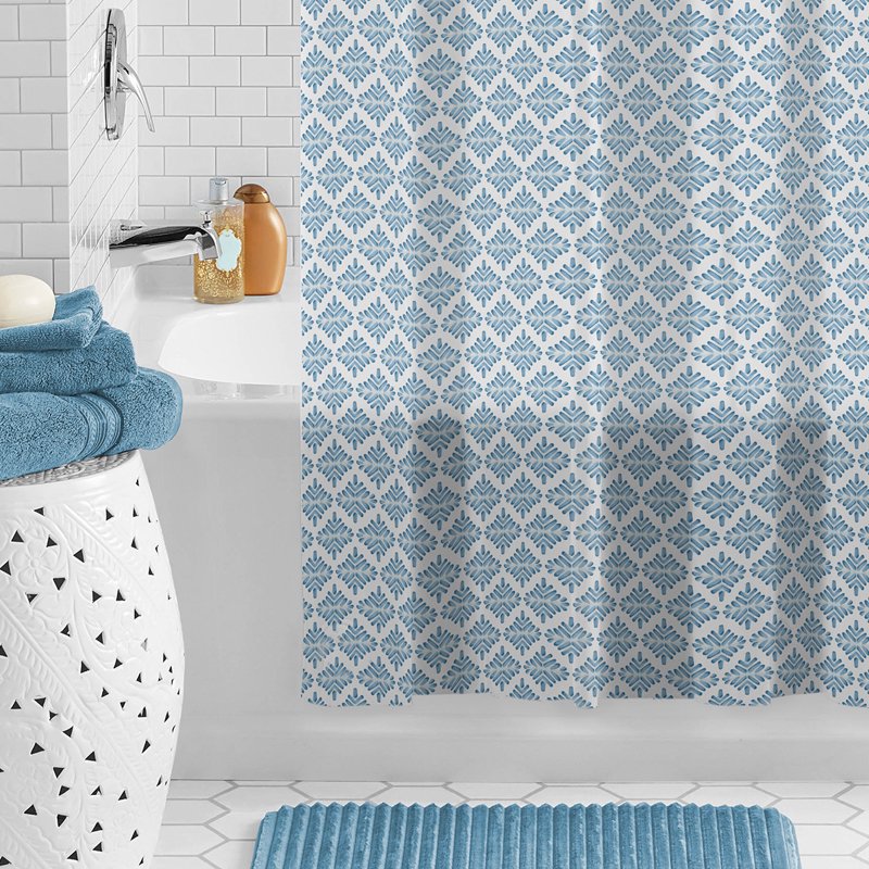 Single Waterproof Blue Medallion Shower Curtain Set with Hooks - 70x72 Inches