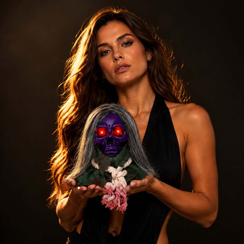Halloween Moving Skull Head Prop with Long Hair, Creepy Skeleton Decor, Purple Variation