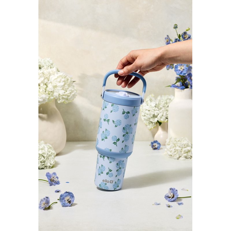 30oz Stainless Steel Tumbler with Top Handle & Straw - Hydrangea Blooms