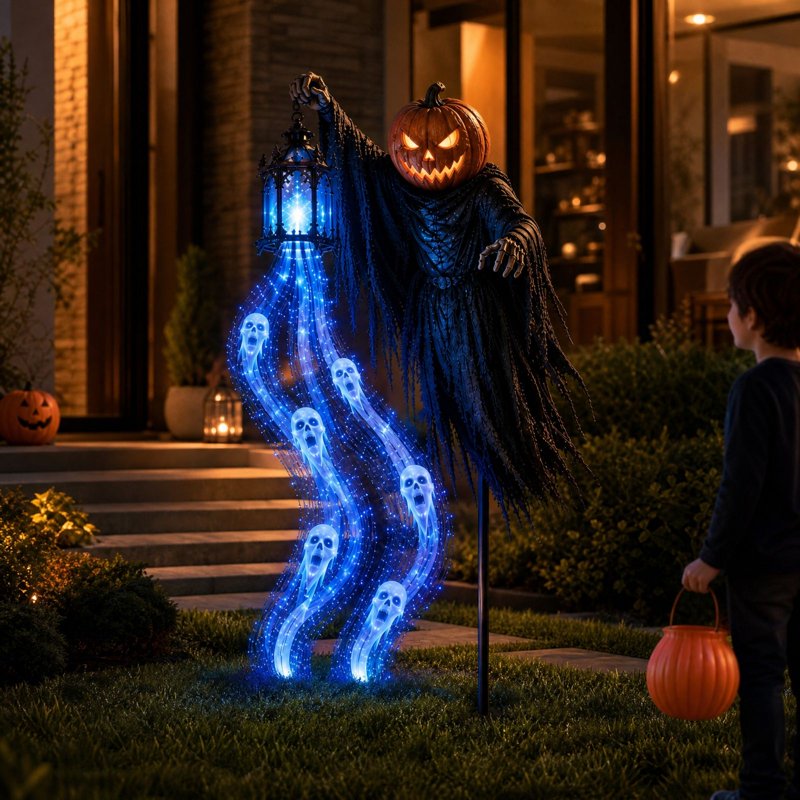 Halloween Soul Harvester Garden Stake Light - Solar Reaper with Blue LED Ghost Stream - Variation 02