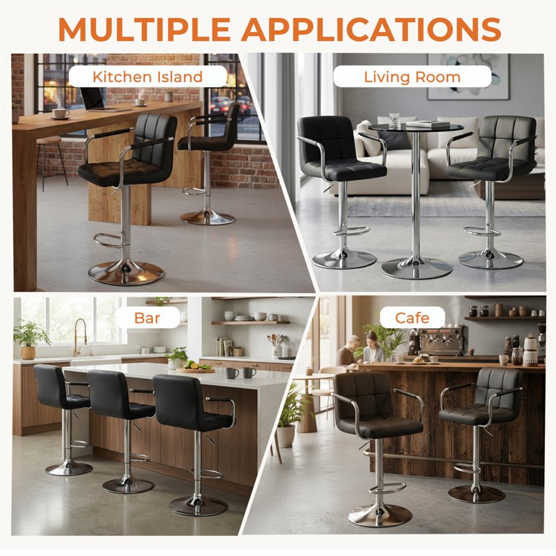 Swivel Bar Stools Set of 2 - Black PU Leather with High Back