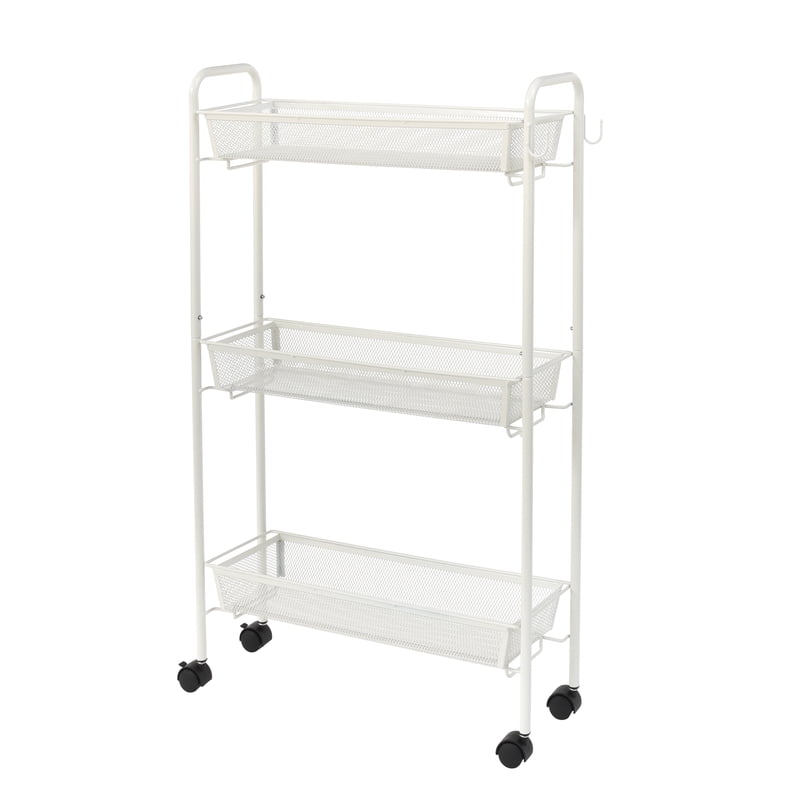 Mainstays 3-Tier Slim Rolling Bathroom Storage Cart with Hooks - White