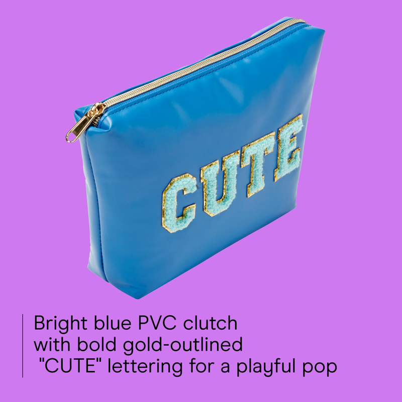 Blue PVC Clutch Pouch with Gold-Tone Accents and CUTE Lettering