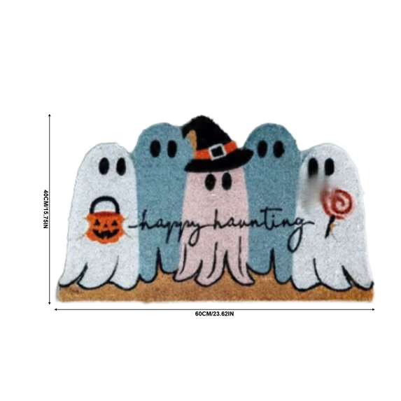Halloween Ghost Welcome Doormat - Spooky Entryway Rug with Pumpkin & Polka Dot Background - Variation 05_Ghost Doormat Prod20 E