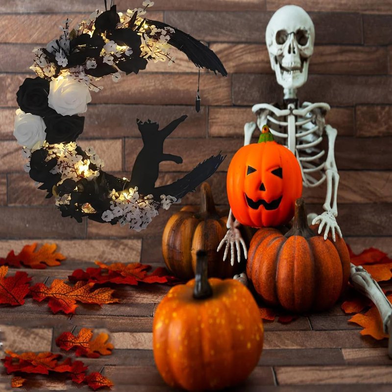 Halloween Wreath with Moon Cat Design - White Halloween Front Door Decor