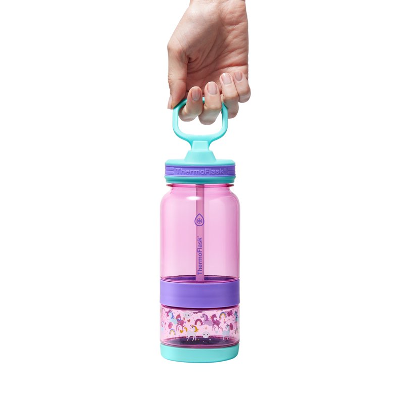 14 oz Snack and Sip Bottle with Snack Cup - Pink Unicorns