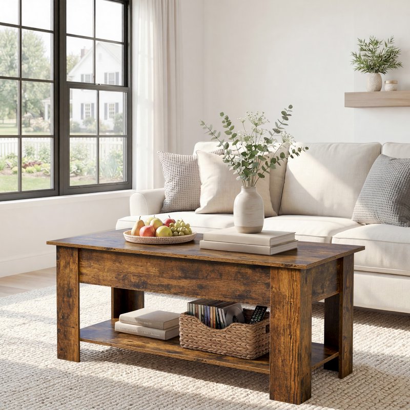 Lift Top Coffee Table with Hidden Compartment - Rustic Brown