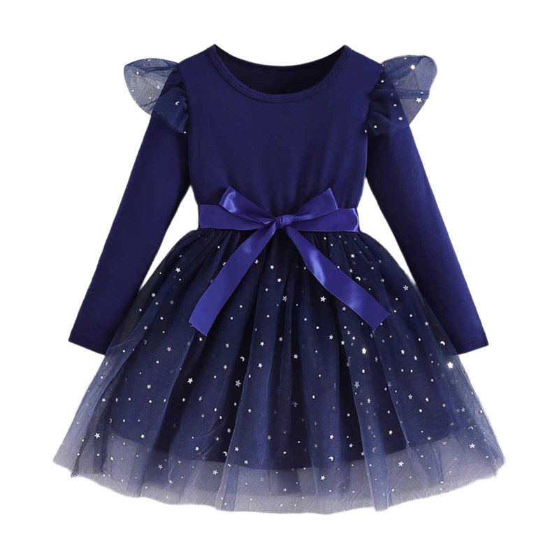 Blue Girl Long Sleeve Gradient Star Dress for Kids 1-2 Years - Formal Party Gown