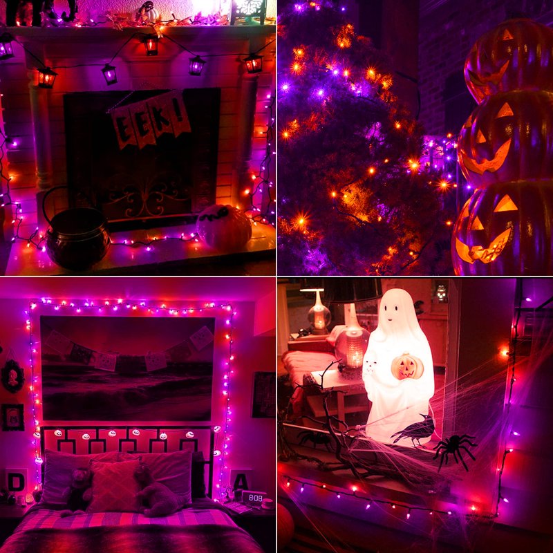 Halloween String Lights 33ft 100 LED Waterproof Indoor Outdoor Lights with 8 Modes - Orange & Purple