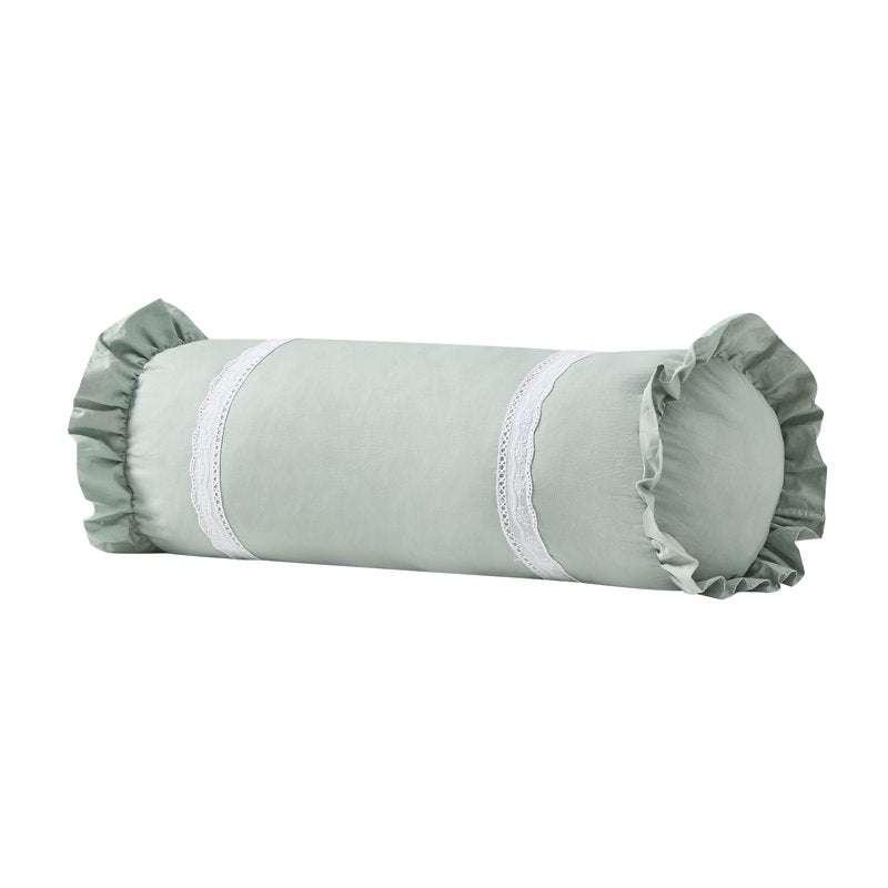 Green Ruffle Eyelet Bolster Pillow 8x22 Inches - Indoor Decorative Accent