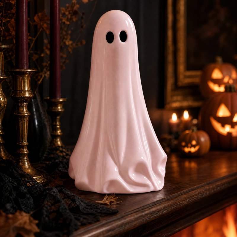 Pink Ghost Figurine for Halloween - 20 Inch Plastic Spooky Statue, Indoor Decor with Glossy Finish - Variation K