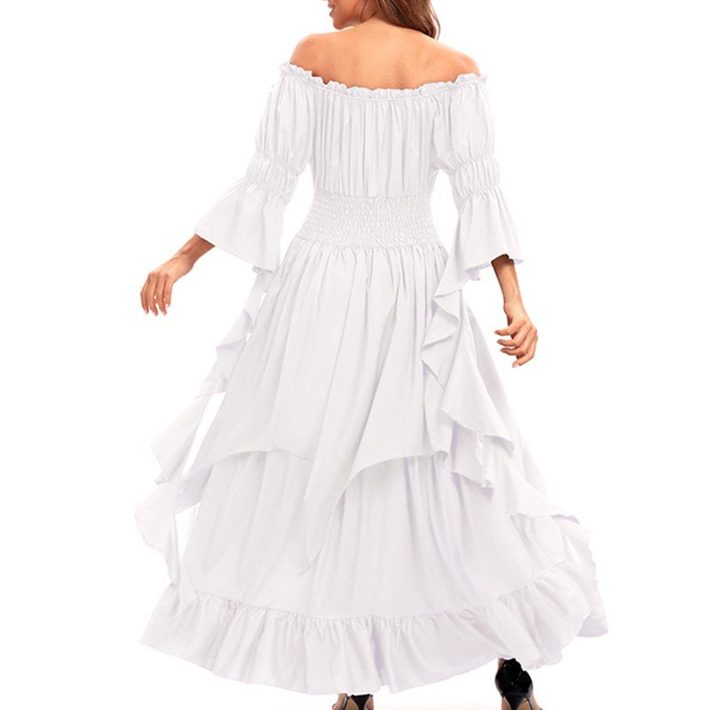 Women's Renaissance Dress - White, Size M, Long Sleeve Solid Summer Dress