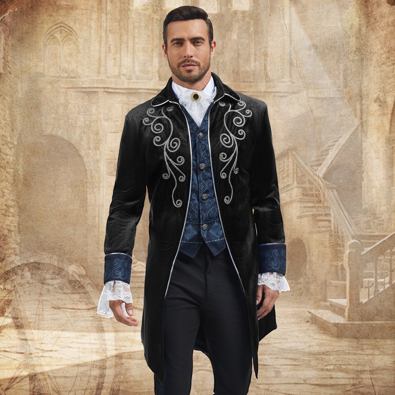 Men's Medieval Steampunk Tailcoat Gothic Victorian Frock Coat for Halloween & Cosplay - Black, S