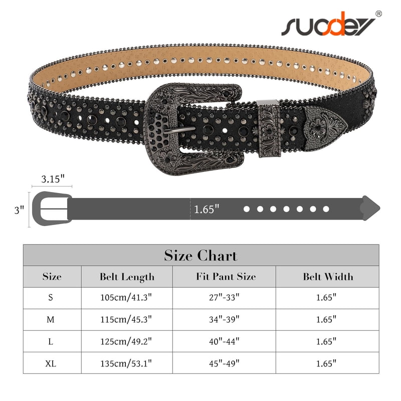 Sparkly Rhinestone Belt for Women and Men Western Cowboy Cowgirl Bling Leather Belt with Detachable Buckle - Black, Fits Waist 27-33 inches