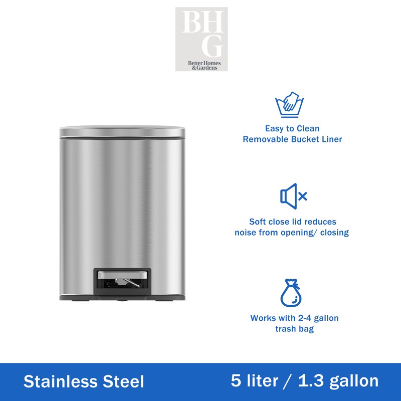 Stainless Steel Step Trash Can with Soft-Close Lid - 1.3 Gallon