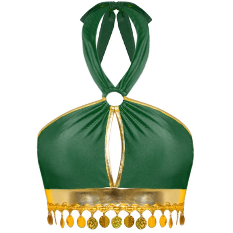 Women Belly Dance Costume Set Green M - Chiffon Skirt & Crop Top with Sleeves