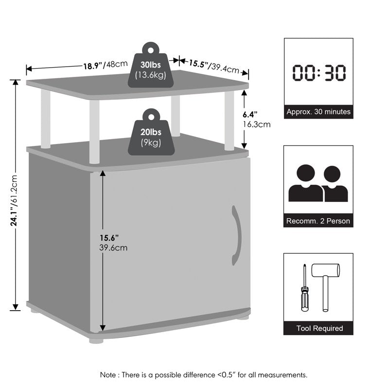 Open Shelf Nightstand with Door - 2-Tier Compact Cabinet
