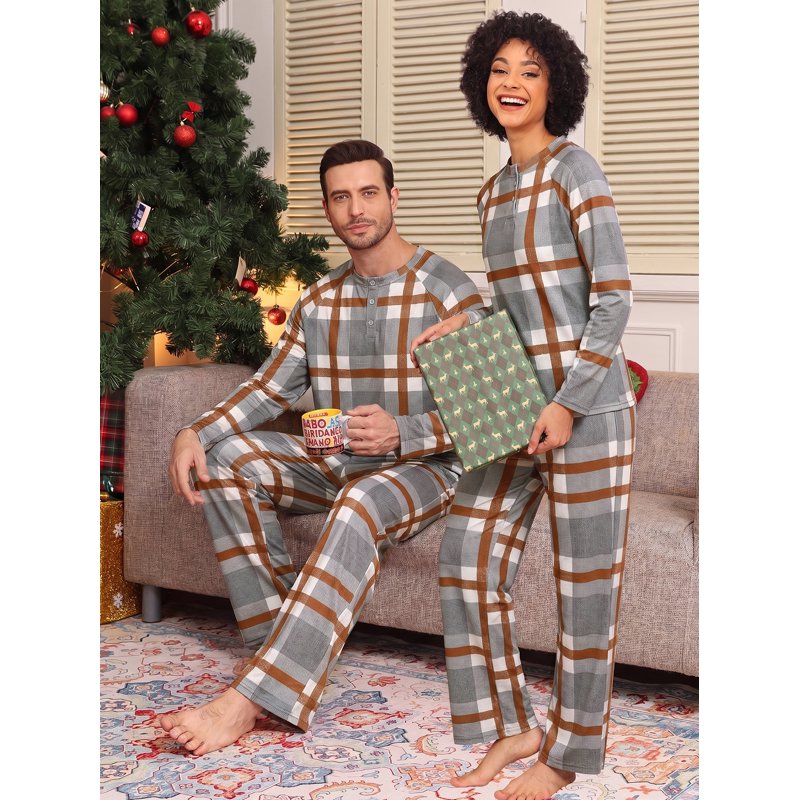 Gray White Plaid Couple Pajama Set for Men and Women - M Size