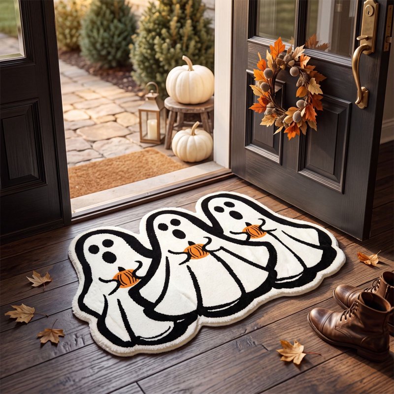 Halloween Ghost Pumpkin Doormat - Ghost Holding Pumpkin Floor Mat with Grip-Enhanced Absorbent Surface - Variation of THIS listing 34_Printed Ghost Doormat_AH