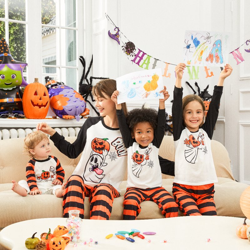 Halloween Pajamas Set for Kids - Pumpkin Ghost Print 2-Piece Long Sleeve & Striped Pants - Variation of 5-Stripe Pumpkin, 3-4Y
