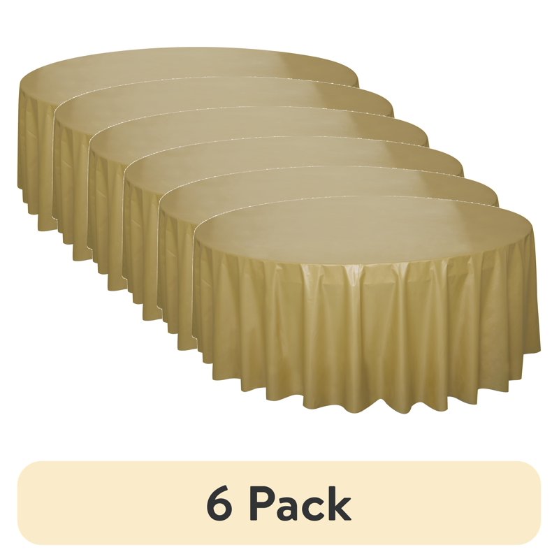 Gold Round Plastic Table Cover - 84 Inch, 6 Pack