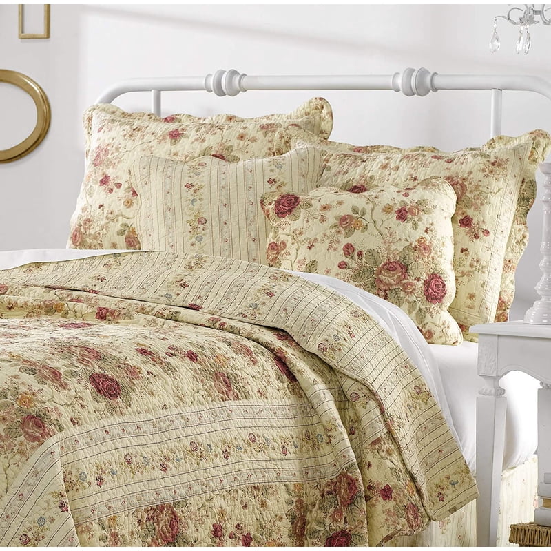 Twin-XL Antique Rose Reversible Cotton Quilt Set with Decorative Pillows - Ecru