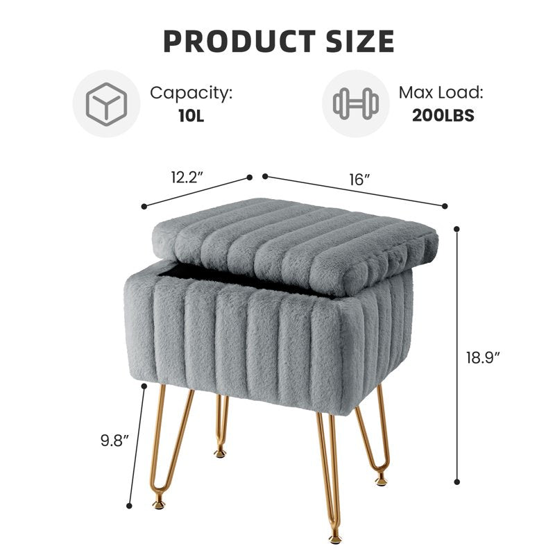 Vanity Stool Chair with Storage - Grey Faux Fur Seat