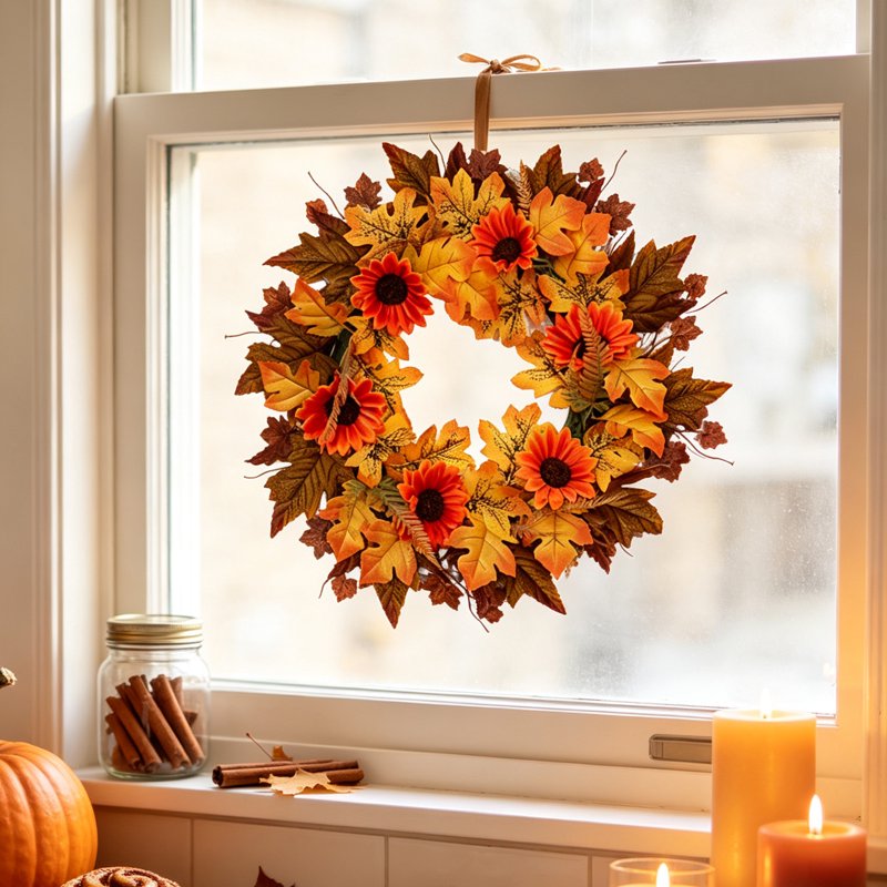 Fall Wreath with Sunflower, Rose, Pumpkin & Maple Leaves for Door & Fireplace Decor