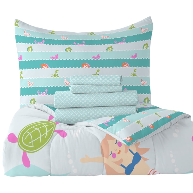 Full Mermaid Dreams Bed-in-a-Bag Comforter Set for Girls - Light Blue, Reversible, Microfiber